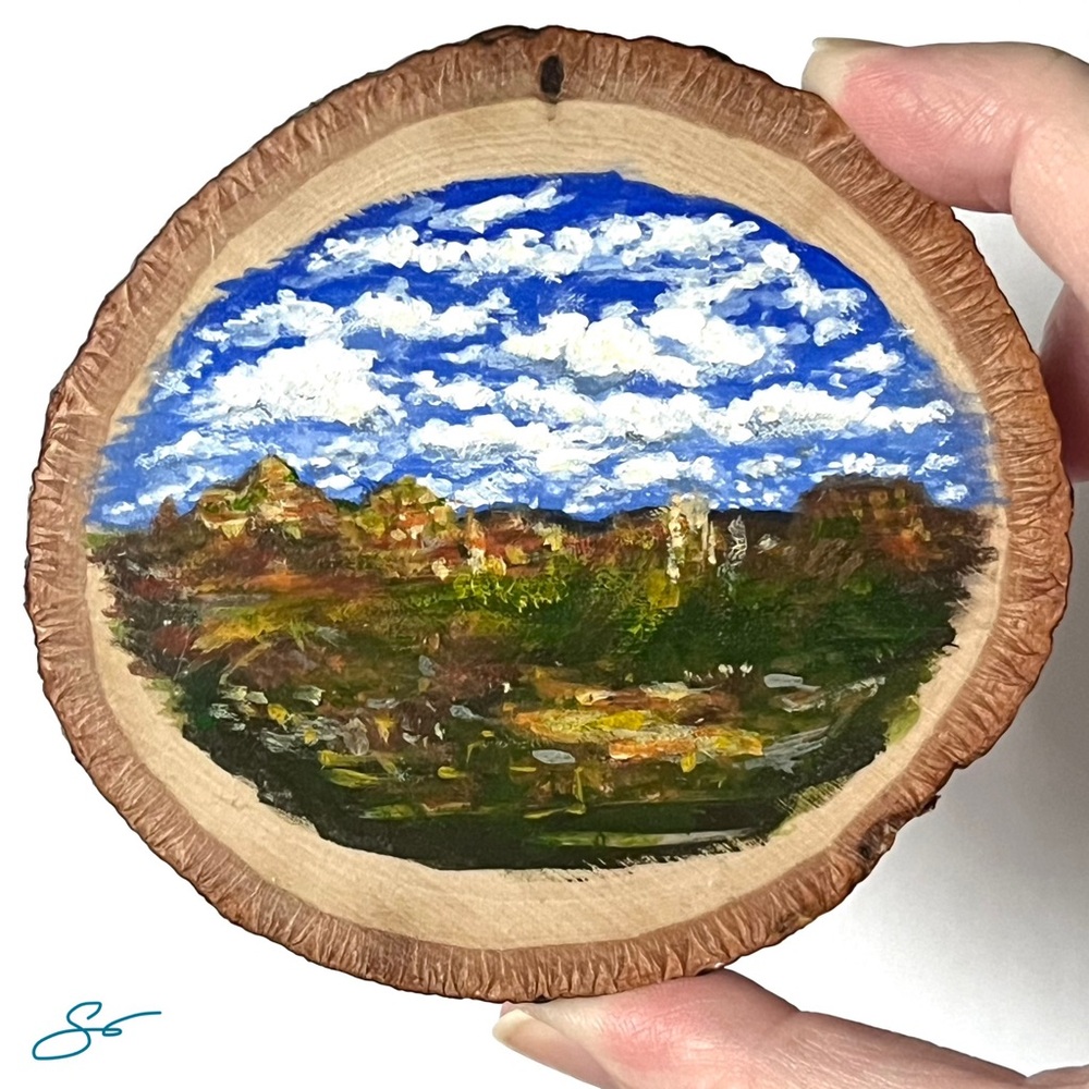 Original Handmade Southwestern Landscape Painting on Wood Slice